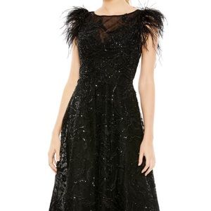 Mac Duggal Black sequin gown w feather shoulders purchased at Nordstrom.